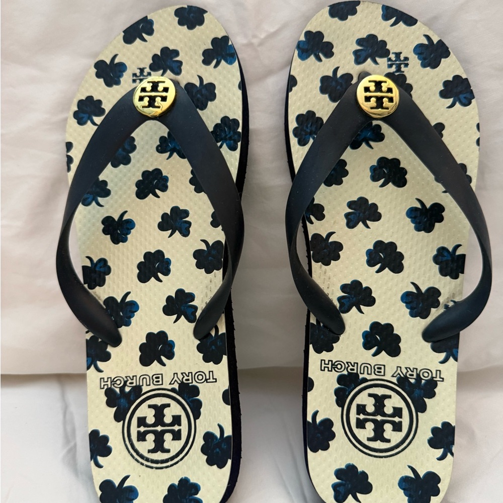 Tory Burch Navy Shamrock Flip Flops
